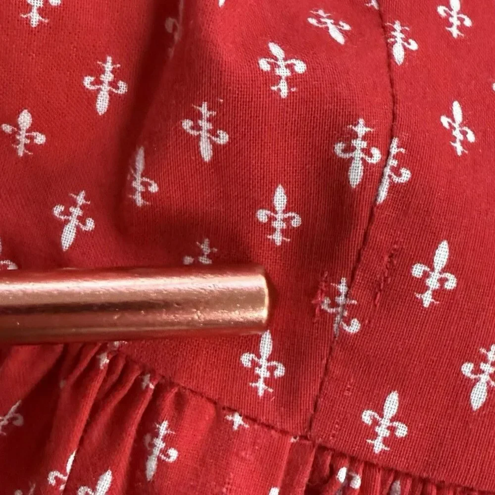 Vtg Polly Flinders Toddler 3T Dress Red Fleur de lis Hand Smocked Pinafore